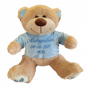 Large teddy in blue t-shirt