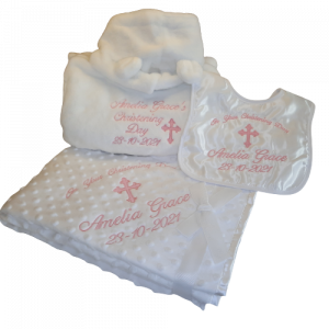 christening set, blanket, bib, bathrobe