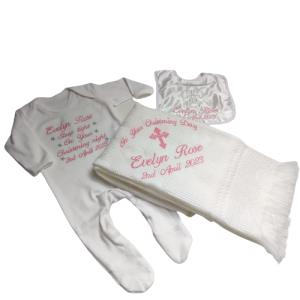 Christening set shawl, bib, babygrow